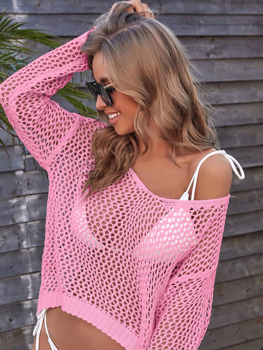 SHEIN Swim Women's Hollow Out Knit Dolman Sleeve Cover Up Top, Summer - Pink - View 1