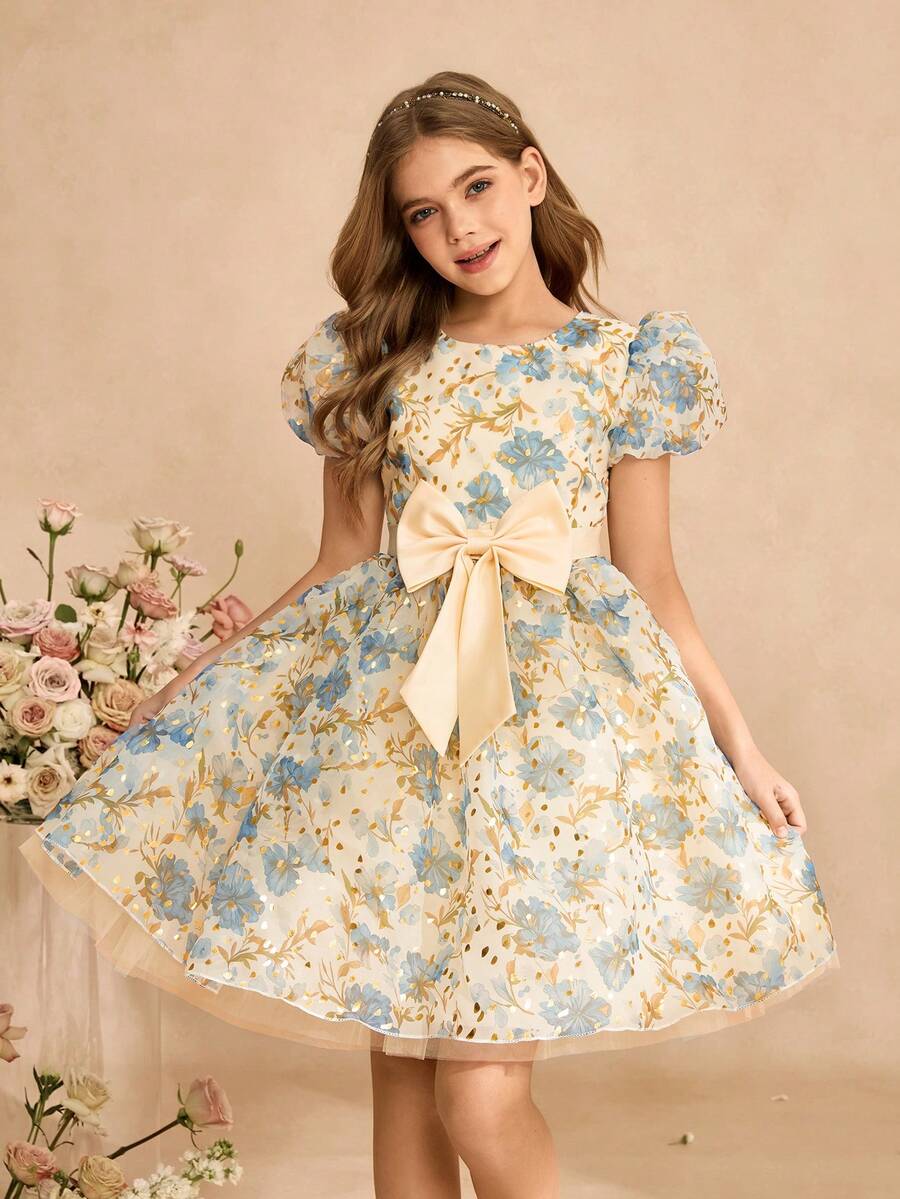 Girls Sweet Puff Sleeve Wedding Flower Girl Princess Dress, Netted Printed Dress For Birthday, Performance, Elegant Big Bow Decor Dress Girls Vintage Floral Dress Tween Dresses Puff Sleeve Tween Blue Floral Dress - Blue - View 1