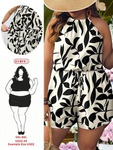 SHEIN CURVE+ Curve 尺码 US22 音乐节、海滨度假、波西米亚风女士度假植物印花休闲吊带连体裤短款连体裤可爱女式连身裤 - 黑與白 - 查看 2