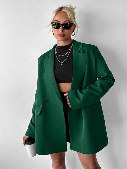 EURMUSE Women's Minimalist Commuter Notched Collar Double-Breasted Blazer Jacket, Autumn