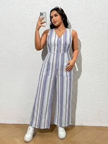 SHEIN EZwear 大码女式夏季休闲通勤度假条纹印花V领拼接口袋无袖阔腿连体裤 女式夏季服装 大码夏季连体裤 女式度假服装 条纹连体裤 大码女式夏季服装 - 藍色 - 查看 6