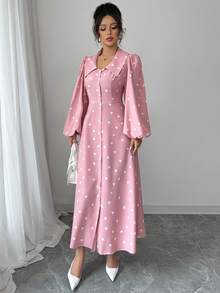 Modelyn Women's Spring/Summer Pink Woven Digital Print Long Sleeve Waist Gathered A-Line Elegant Romantic Dress - Pink - View 7