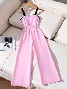 SHEIN Tween GirlsSweet & Cool Contrast Color 3D Bow Decor Sleeveless Wide Leg Jumpsuit, Casual Wear & Party, Spring/Summer Girls Summer Jumpsuit Bow Detail Jumpsuit Pink Jumpsuit Girls Kids Fashion Jumpsuit Jumpsuits For Girls Pink Jumpsuit For Girls - Pink - View 2