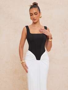 Lumalex Đầm midi thanh lịch, gợi cảm dành cho nữ mùa Xuân/Hè, phối màu đen trắng, kiểu dáng patchwork, cổ yếm, dây mảnh, thắt nơ ở eo, xếp ly ở gấu đầm, ôm sát eo, dáng đuôi cá, thích hợp cho việc đi làm hàng ngày. - Đen và trắng - Xem 10