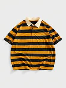 EASEVO Plus Size Men's Casual Yellow Striped Polo Shirt Summer Graduation Back-To-School College Style Pattern Short Sleeve Skin-Friendly Breathable Tshirts - Multicolor - View 2