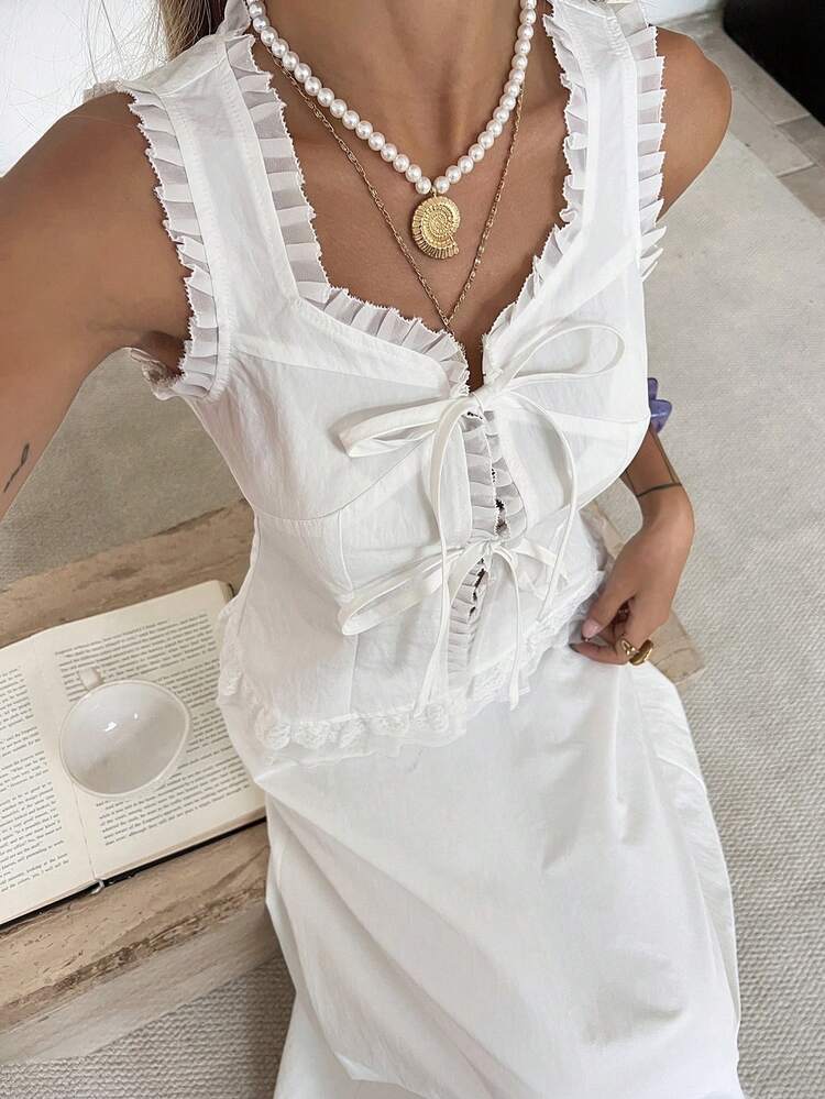 Women's Square Neck Sleeveless Camisole Top With Bow Tie And Long Skirt, Elegant Vacation Style Casual 2-Piece Set