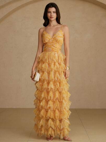 Aveloria Rosie Elegant Women's Tie Dye Print V-Neck Sleeveless Ruched Waist Maxi Dress, Romantic Dreamy Sheer Fabric For Beach Vacation, Date Night