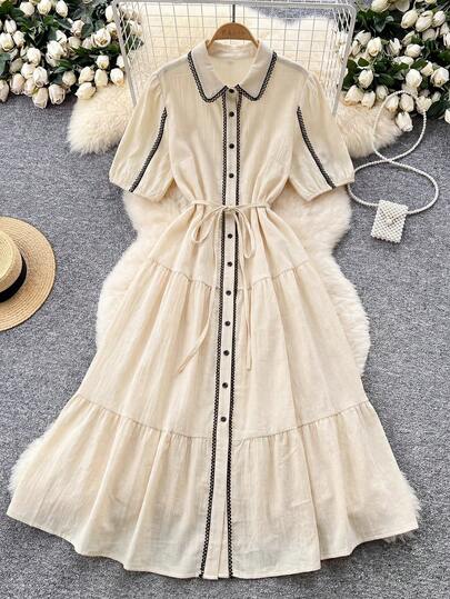 Franclia Plus Size Summer Casual Front Button Floral Trim Dress