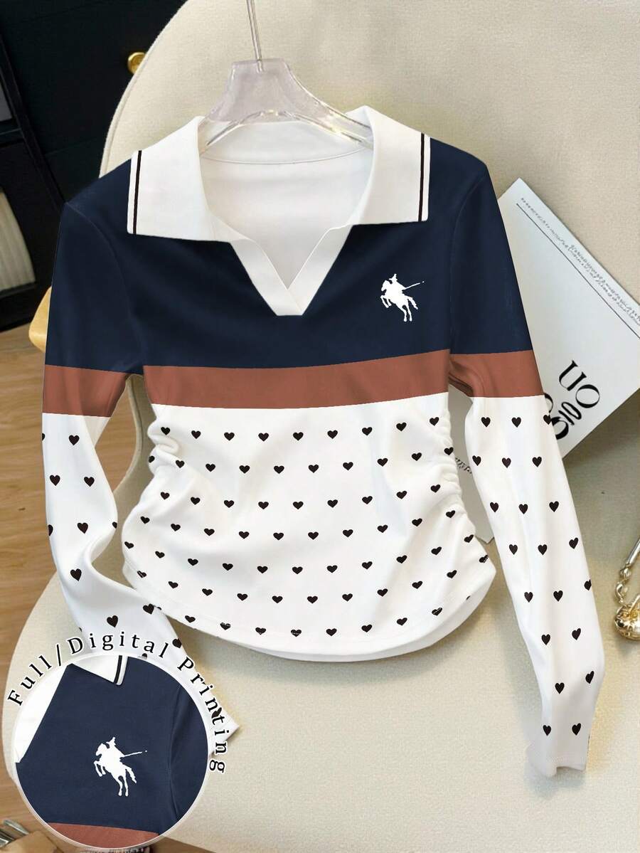 SHEIN Elegant Color-Blocked Polo Collar Women's Long-Sleeved T-Shirt,Black And White,Autumn,Cute,School,Back-To-School Fashion Commuting Casual Office Wear - Multicolor - View 1