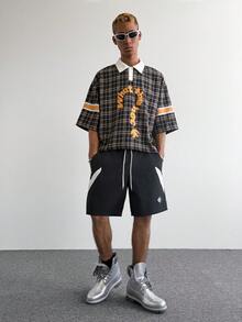 PAVTROS 男士夏季休闲运动撞色抽绳腰短裤，宽松版型男士字母条纹细节弹力腰抽绳短裤，篮球洛杉矶黑色，情人节，春夏，送男友的礼物，狂欢节，复古，街头风，派对，圣帕特里克节，外出 - 黑色 - 查看 3