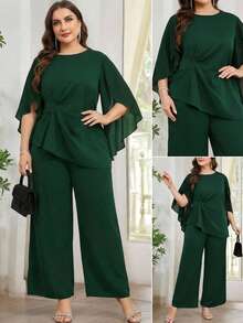 Reflora Bộ trang phục thường ngày dành cho nữ cỡ lớn, màu trơn, cổ tròn, tay bồng, dáng xòe, kết hợp với quần ống rộng. - màu xanh lá - Xem 2