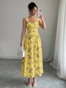 Elenzga Latest Floral Elegant Waist Shirred Long Dress For Women, Spring/Summer - Yellow - View 6
