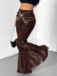 Coolane 女士秋冬四季哥特Y2K颓废风万圣节夜店装扮性感乡村音乐会Y2K黑色蕾丝小码喇叭裤 - 咖啡棕 - 查看 2