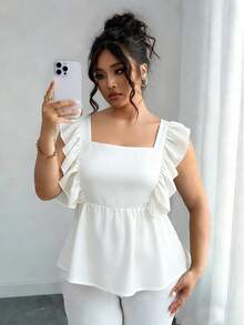 Elenzga Blusa de mujer talla grande con cuello cuadrado y ribete de volantes en unicolor - Blanco - Ver 3