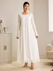 Al Najma 女士优雅雪纺拼接圆领阿拉伯风格连衣裙，秋季 - 白色 - 查看 1