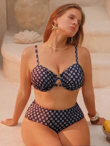 Swim Chiccia Plus Size Women 2pcs Swimwear Set, Plaid Asymmetric Print Sexy Underwire Camisole And Bikini Bottoms, Summer - Black - View 1
