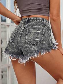 SHEIN PETITE Quần short denim rách có túi dành cho nữ - Xám - Xem 2