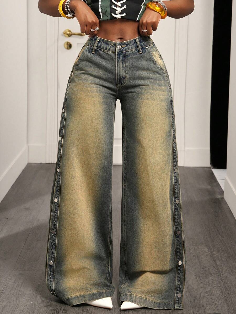 BamGleam Women's Casual Everyday Street Washed Slant Pocket Loose Wide Leg Jeans - Light Wash - View 1