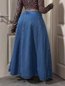 Slaydiva Plus Size Solid Color Button Pleated Casual Versatile Denim Skirt - Blue - View 8