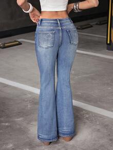SHEIN Jeanoir Quần jeans ống loe cạp thấp đính đá, kiểu dáng Y2K dành cho nữ, chất liệu wash nhẹ, có nơ. - Rửa trung bình - Xem 9
