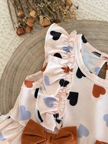 SHEIN Newborn Baby Girls Elegant Cute Heart Pattern Print Bow Decor Ruffle Hem Sleeveless Dress, Suitable For Spring/Summer, Photo Shoot, Wedding, Party, Daily Wear - Multicolor - View 5