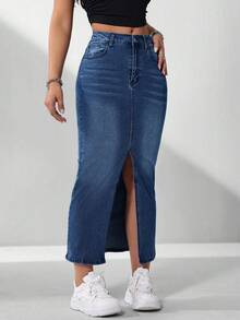 Chân váy denim nữ kiểu dáng thường ngày có túi và xẻ tà bên hông. - Rửa tối - Xem 7