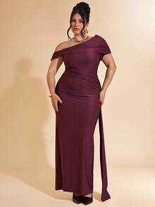 SHEIN BAE Đầm lưới dài ôm sát cơ thể thanh lịch dành cho nữ cỡ lớn, đầm vai bất đối xứng, đầm đỏ cho ngày Valentine. - Màu Đỏ Sâu - Xem 5