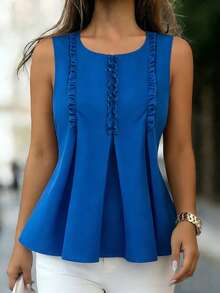 SHEIN LUNE Women's Elegant Casual Sexy Sleeveless Ruffle Trim Pastal Blouse, Summer Office Golf Designer Top Business For Ladies, Elegant Latest Top - Blue - View 6