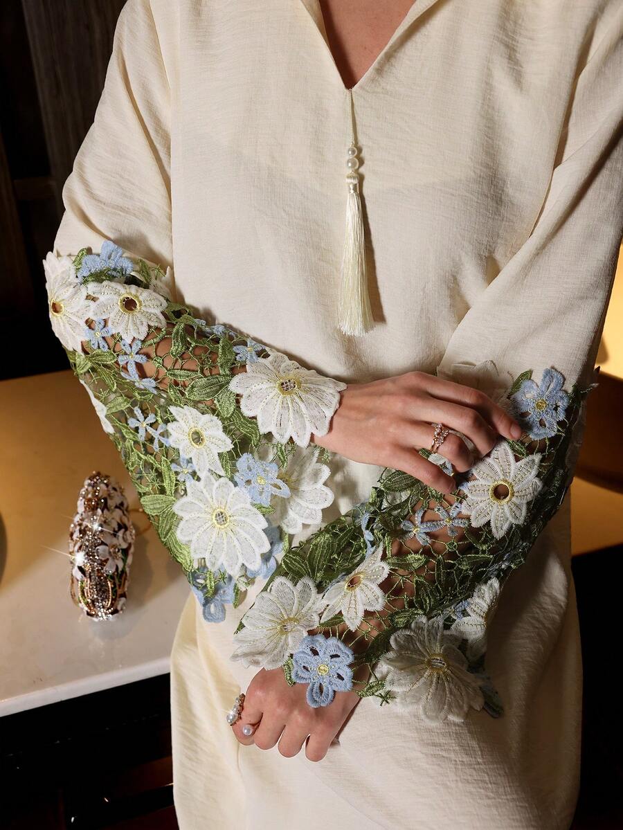 Yasmyna Women's Apricot Woven Long Sleeve Embroidered Lace Trim Elegant Romantic Turkish Abaya & Arabic Traditional Maxi Dress - Apricot - View 1