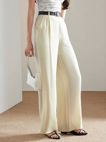 Heiryn Women's Solid Color Pleated Design Pocket Loose Casual Wide Leg Pants - Khaki - View 8