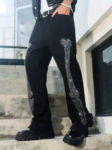 Manfinity LEGND 男士时尚美式街头风黑色水钻骷髅印花喇叭牛仔裤 - 黑色 - 查看 5