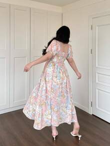 Vibekara Elegant Vintage French Vibrant Colorful Dopamine Oil Painting Print Puff Sleeve Off-The-Shoulder Convertible Neck Cinched Waist A-Line Maxi Sundress For Vacation - Multicolor - View 2