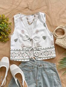 Soleia WYWF 女士度假 V 领系带喇叭袖热带印花背心 - 杏色 - 查看 3