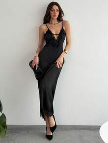 Aloruh Women's Cold Shoulder Spaghetti Strap Black Contrast Lace Asymmetric Hem Dress, Camisole Dress, Party Dress, Elegant Dresses For Party, Sexy Dress, Black Dress, Old Money Style ,Summer Dress - Black - View 7