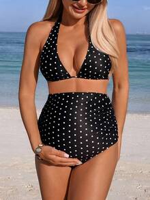 Momance Ensemble de maillot de bain de maternité élégant et sophistiqué à pois noirs pour les vacances d'été 2022, nouvelle arrivée de maillots de bain pour femmes 2026 convenant pour l'école, les vacances, les rendez-vous, le thé de l'après-midi, l'Occident, les croisières, la plage, les îles, les road trips, toutes les saisons, les festivals de musique, les vacances bohèmes, les vacances bohèmes occidentales, les hauts élégants pour femmes. Ensemble de bikini à taille haute à pois pour femmes, deux pièces - Noir - Voir 4
