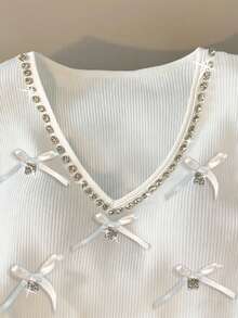 Qadelle Women's Fashionable Elegant Knitted Ribbed V-Neck T-Shirt With Rhinestones - White - View 4