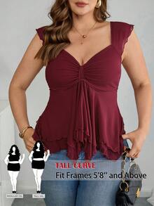 SHEIN Tall CURVE 大码纯色心形领荷叶边不对称下摆时尚吊带背心夏季度假上衣/夏季上衣 - 紅色 - 查看 1