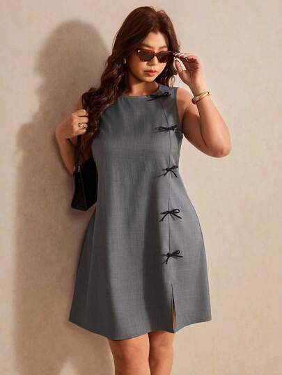 Elaquor 大码休闲优雅蝴蝶结无袖圆领开衩连衣裙