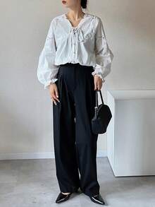 FRIFUL 女士刺绣不对称领蝴蝶结灯笼袖宽松衬衫 - 白色 - 查看 3