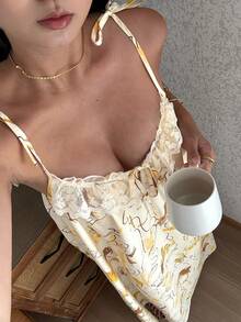 DAZY Vacation Style Abstract Graffiti Print Lace Trim Spaghetti Strap Long Women Nightgown - Apricot - View 5