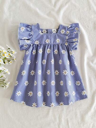 SHEIN Vintaside Kids Babygirls Summer Yellow Plaid Daisy Pattern Cap Sleeve Mini Dress, Pastoral Style, Fresh Pattern, Lightweight Silhouette, Suitable For Outdoor, Casual, And Party