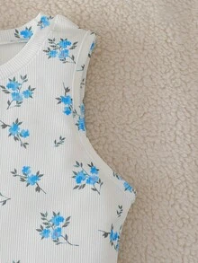 Vintaside Kids 2pcs Girls Butterfly Pattern Colorblock Ribbed Bodycon Sleeveless Casual Street Chic Dress, Summer - Blue and White - View 7