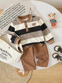 Playful Pals Conjunto retrô para bebê menino com 2 peças, incluindo camiseta polo de manga comprida com estampa de urso e listras + calça de veludo cotelê, camiseta bordada marrom/preta com calça pantalona de cintura elástica, conjunto casual para primavera/outono. - Castanho - Ver 4