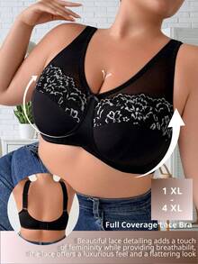 1pc Sexy Solid Color Elegant Comfortable Soft Lace Patchwork, Bow Decor, Soft Sponge Padded Adjustable Strap Wireless Plus Size Women Bra - Black - View 7