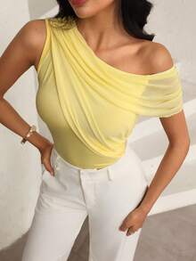 Modelyn Áo croptop tay ngắn phối lưới nhún bèo gợi cảm dành cho nữ - Màu vàng - Xem 3