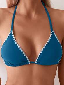 Swim Basics 女士花卉饰边挂脖撞色饰边比基尼上衣 - 水鴨藍 - 查看 3
