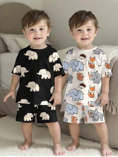 SHEIN 2pcs/Set Elephant, Fox, Sketch Print Breathable, Soft, Cozy Sleepwear Set For Baby Boys, Loose Casual Outfit Suitable For Summer