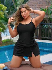 Swim Lushoire Plus Size 2pcs Metal Chain Strap Padded Spaghetti Strap Slit Swim Skirt And Triangle Swim Trunks - Black - View 7
