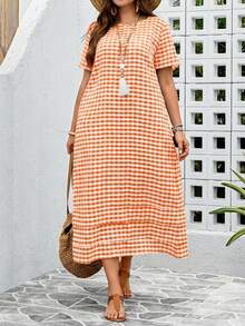 EMERY ROSE 大码女式格子圆领短袖休闲宽松连衣裙，适合野餐、沙滩、夏季穿着，橙色沙滩裙，夏季休闲连衣裙，休闲中长连衣裙，短袖夏季连衣裙 - 橘色 - 查看 5