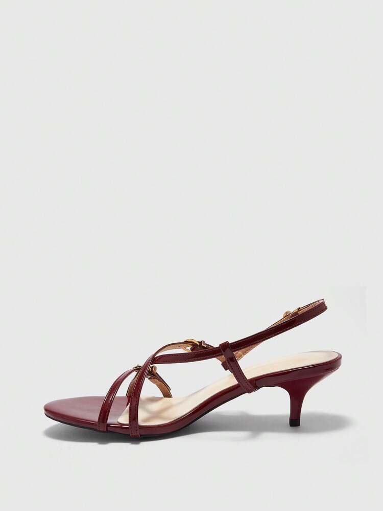 CUCCOO BIZCHIC Women Shoes Burgundy Patent Leather Stiletto Sandals Cross Strap Metal Buckle Design Workplace Commuting, Dating Out, Light Luxury Dinner Party, Retro Fashion Women's Shoes Spring Shoes